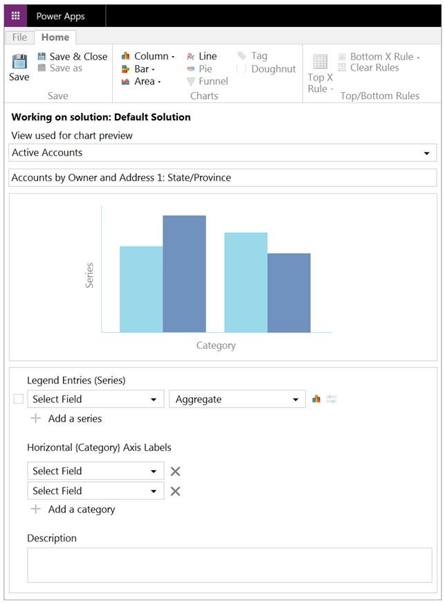 Power Apps chart configuration screen showing bar chart preview and series/category axis settings